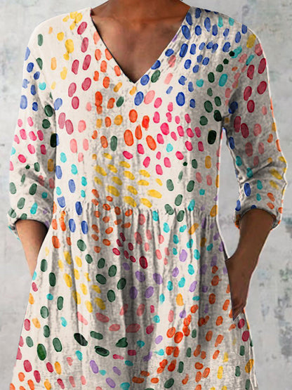 Watercolor Polka Dot Pattern Printed Casual Linen V-Neck Shirt
