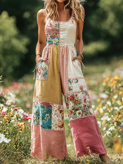 Vintage Floral Patch Art Print Comfy Jumpsuit