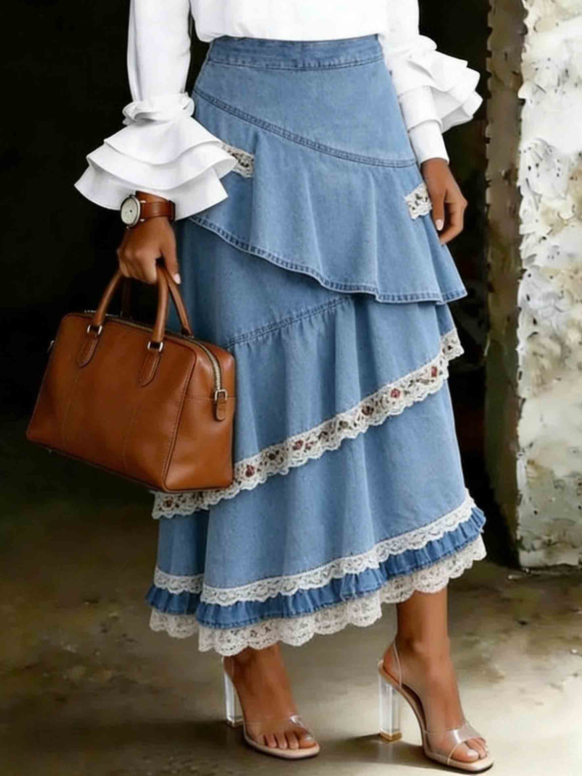 Retro Multi-Layer Asymmetrical Denim Ruffle Skirt