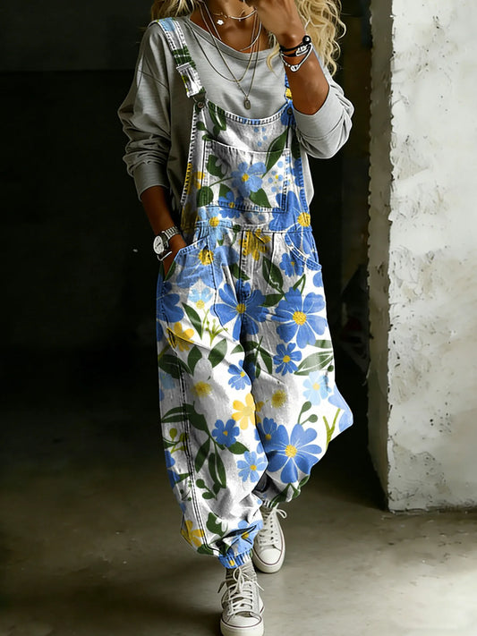 Vintage Floral Art Print Casual One Piece Denim Jumpsuit