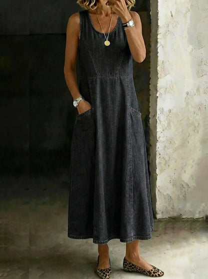 Retro Round Neck Sleeveless Casual Loose Denim Vest Dress