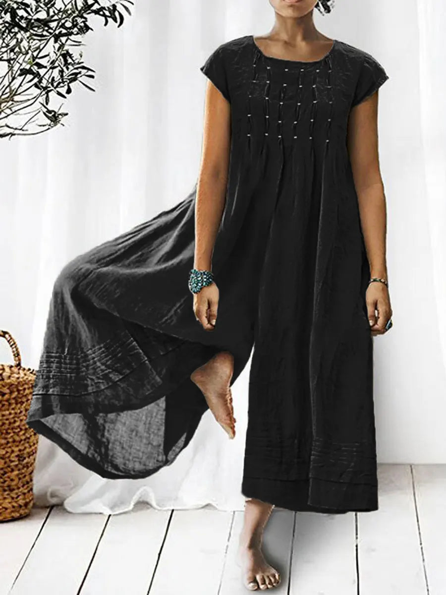 Solid Color Art Casual Short-Sleeve Cotton Linen Jumpsuit