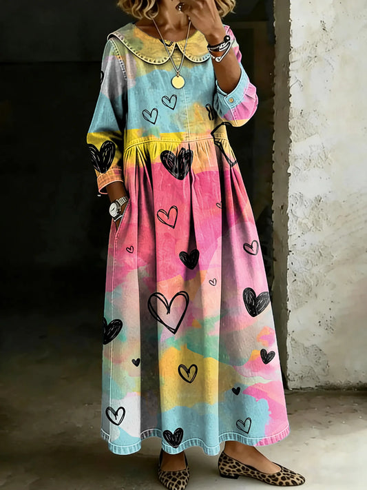Retro Multicolor Love Splicing Long-Sleeved Loose-Fitting Casual Denim Dress
