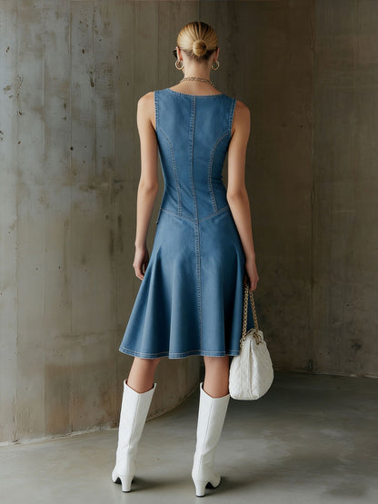 Fashionable Retro Blue Denim V-Neck Sleeveless A-Line Midi Dress