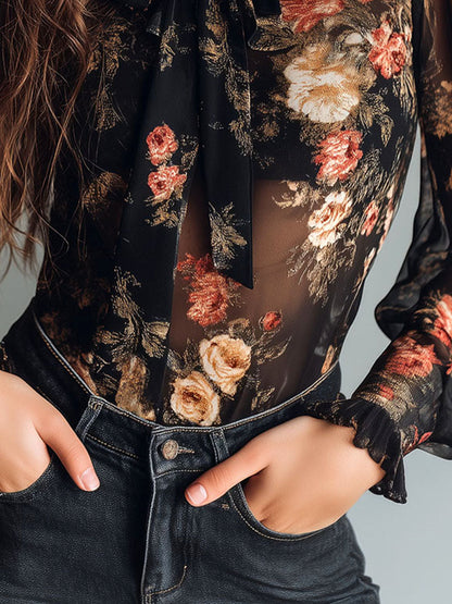 Vintage Black Sheer Chiffon Floral Tie Neck Blouse
