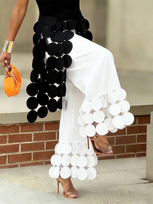 Stylish High-Waisted Wide-Leg Pants Circle Applique Party Trousers