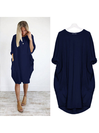Solid Color Loose Elegant Casual Long-Sleeved Pocket Dress