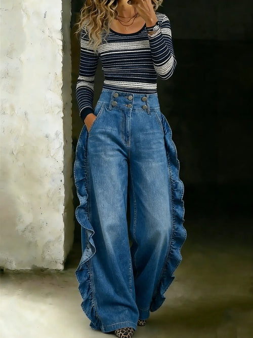 Stylish Design Exquisite Ruffle Trim Blue Denim Wide-Leg Pants