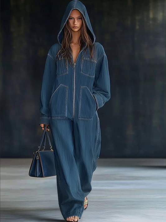 Casual Loose Retro Pocket Long-Sleeve Hooded Zipper Denim Jumpsuit