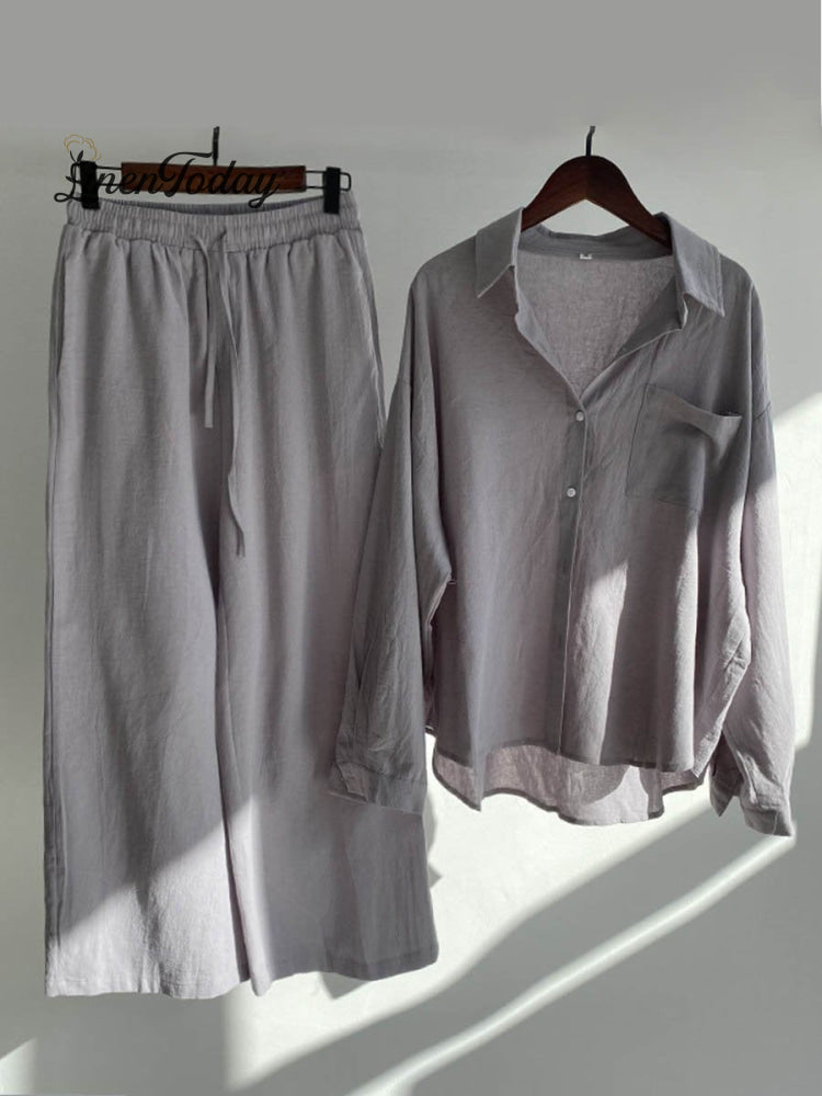 Solid Color Loose Elegant High Waist Casual Cotton and Linen Suit