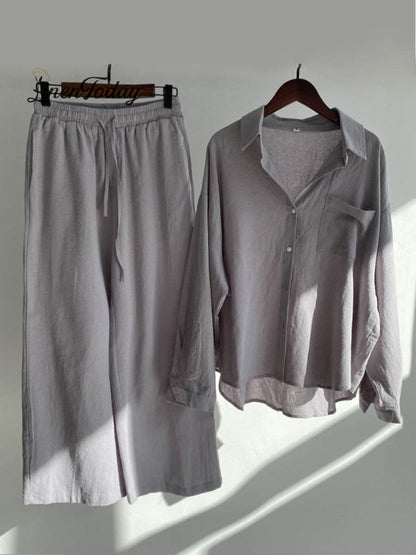 Solid Color Loose Elegant High Waist Casual Cotton and Linen Suit