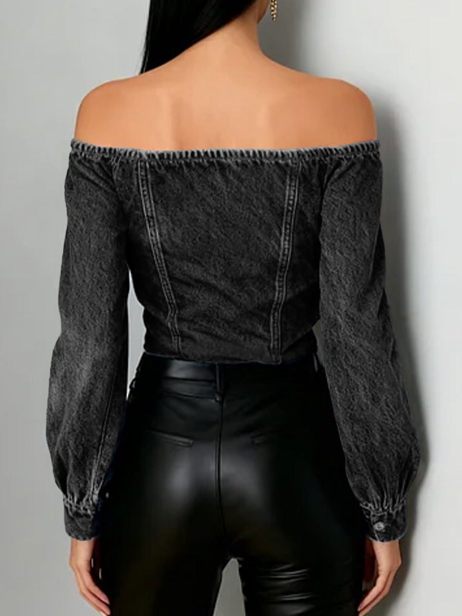 Off-The-Shoulder Long-Sleeved Loose-Fitting Denim Top
