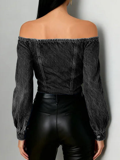 Off-The-Shoulder Long-Sleeved Loose-Fitting Denim Top