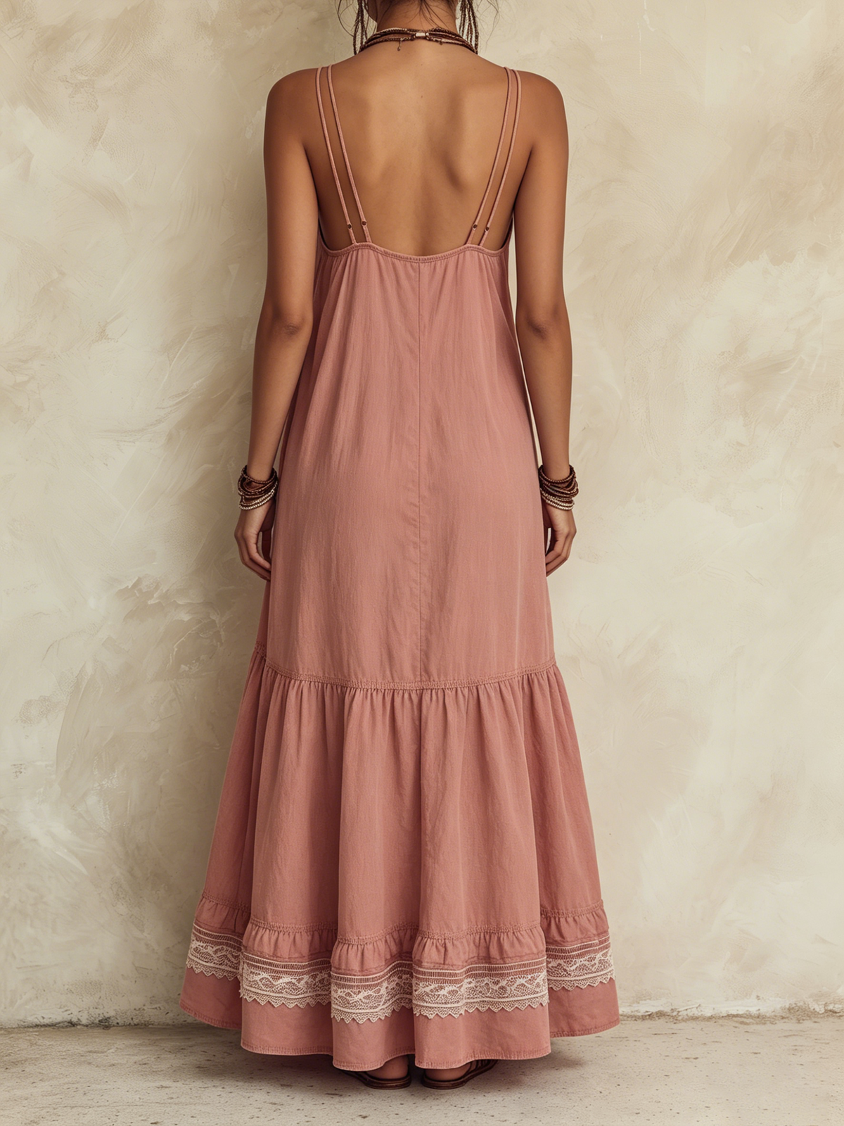 Bohemian Lace Trim Linen-Blend Maxi Dress with Adjustable Double Spaghetti Straps