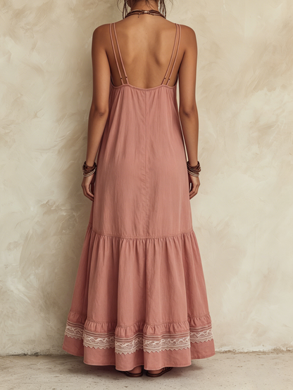 Bohemian Lace Trim Linen-Blend Maxi Dress with Adjustable Double Spaghetti Straps