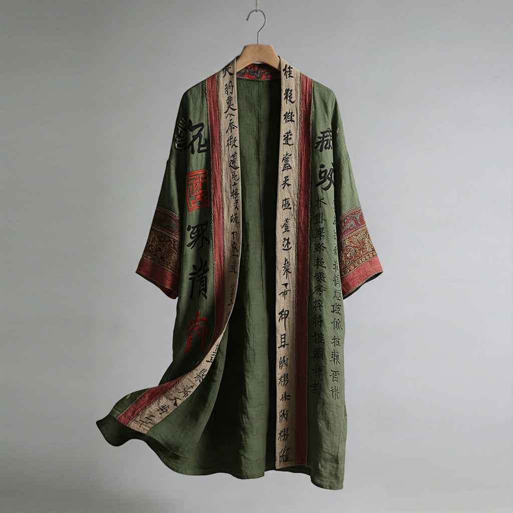 Men's Retro Calligraphy and Painting Art Linen Long Kimono