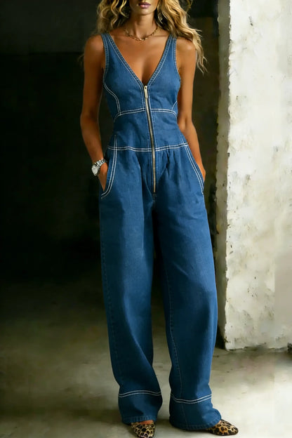 Fashion Casual Sleeveless Zipper Stitching Denim Jumpsuit
