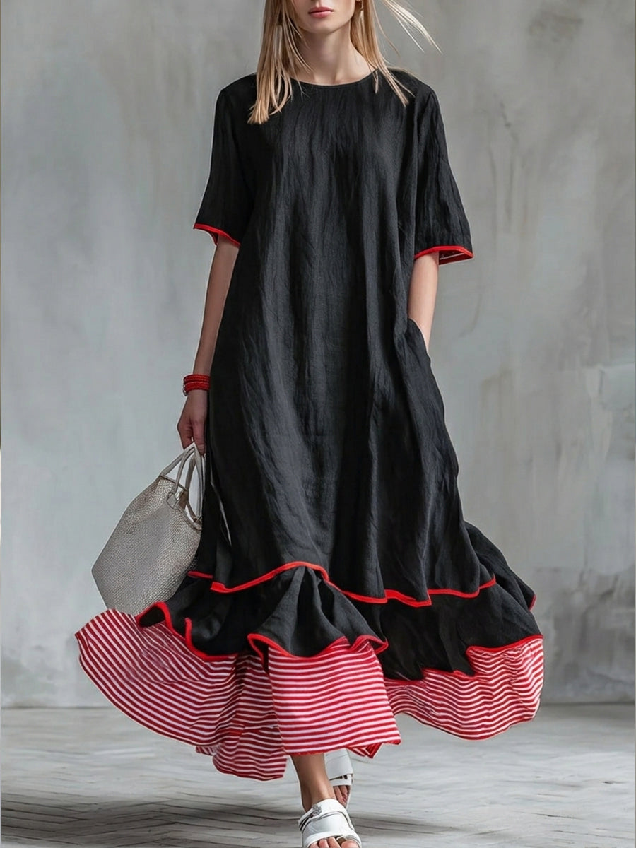 Patchwork Striped Midi Dress with Casual Red Summer Dress