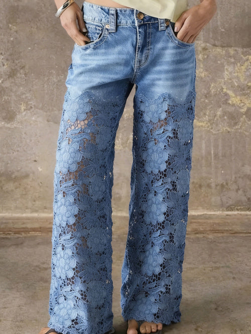 Stylish Lace-Embellished Denim Pants