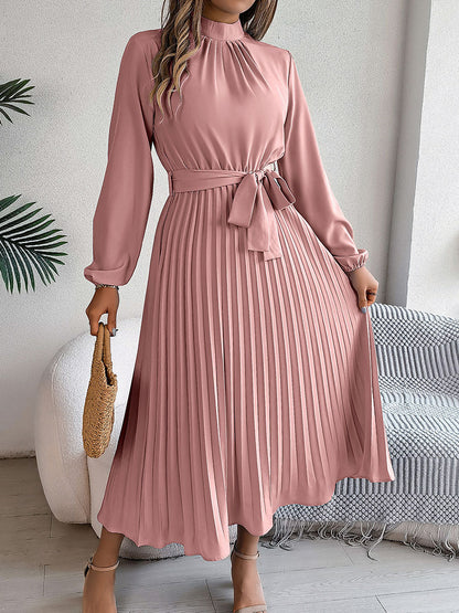 Stand-Up Collar Long-Sleeved Lace Up Pleated Dress