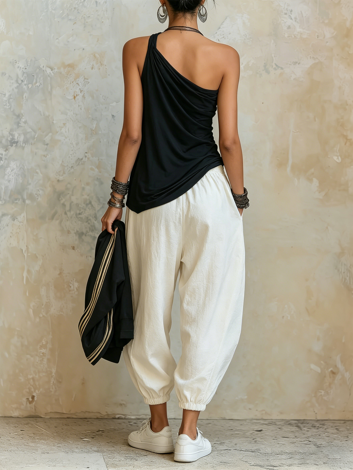 Asymmetrical Ruched One-Shoulder Top and Harem Pants Two-Piece Set
