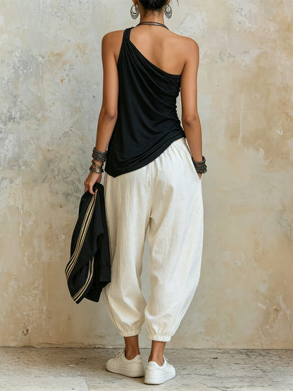 Asymmetrical Ruched One-Shoulder Top and Harem Pants Two-Piece Set