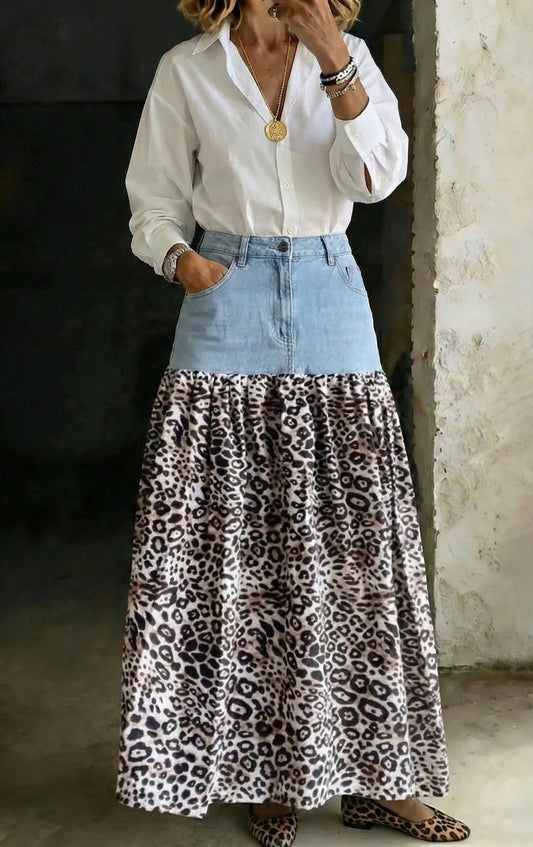 Fashion Design Denim Leopard Print Patchwork Skirt