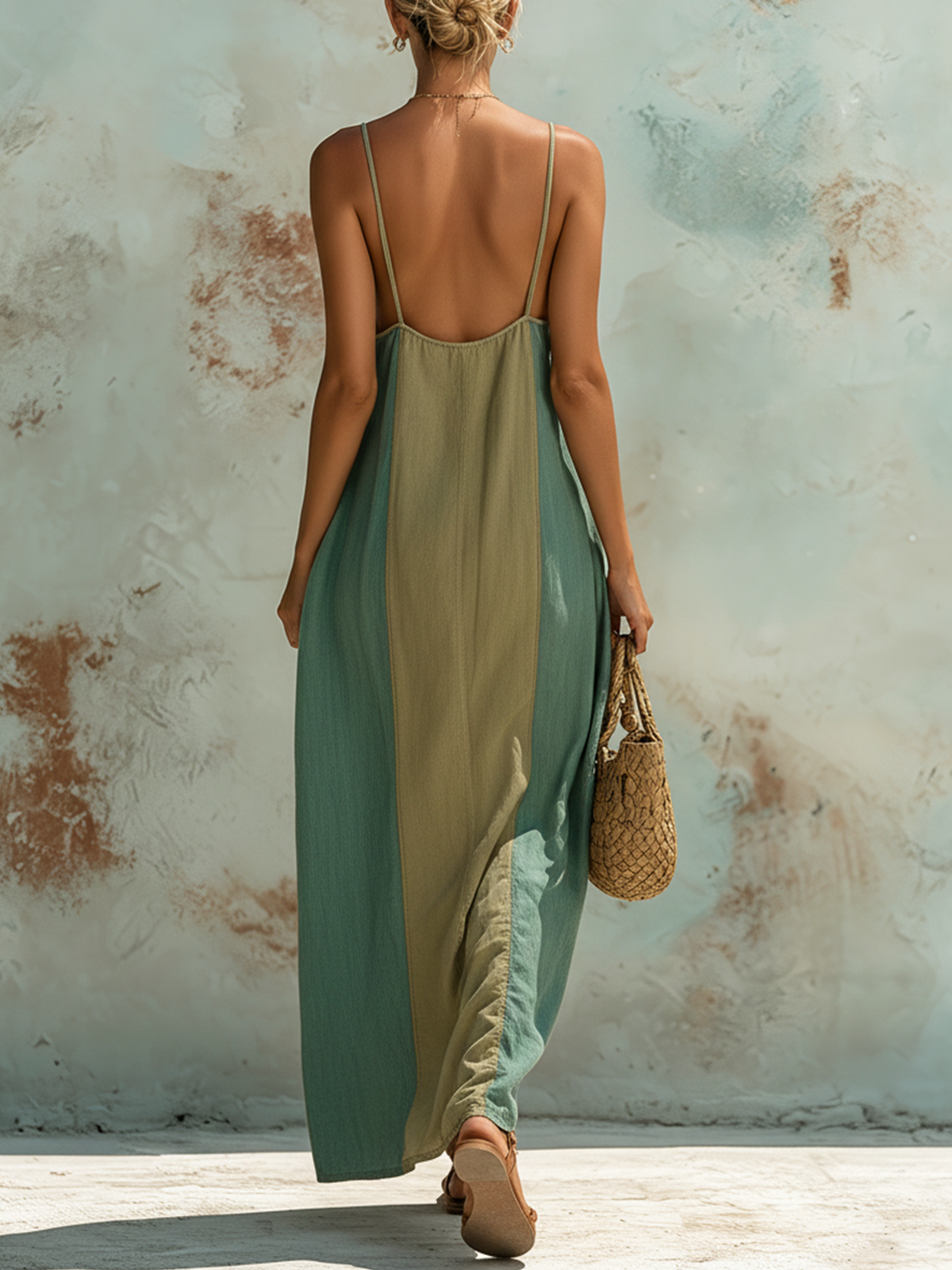 Colorblock Denim Cami Maxi Dress in Sage and Olive