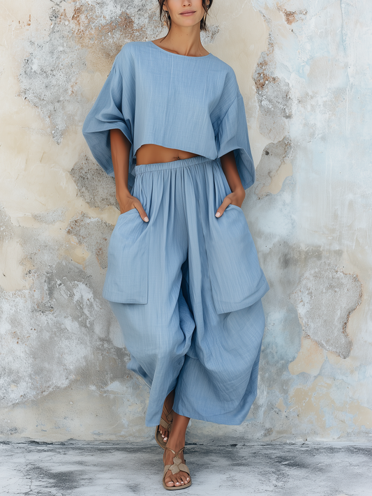 Light Blue Cotton Linen Two Piece Set with Loose Crop Top and Wide-Leg Pants