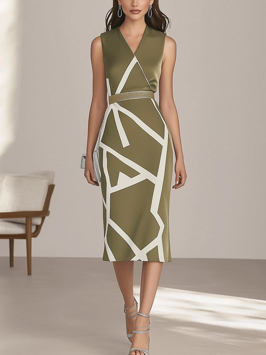 Olive Green Satin Dress with White Geometric Print and Gold Belt