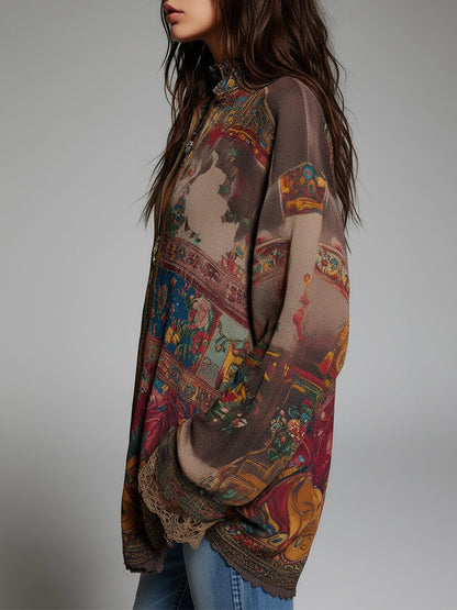 Bohemian-Style Printed Blouse with a Front Zipper and Lace Trim