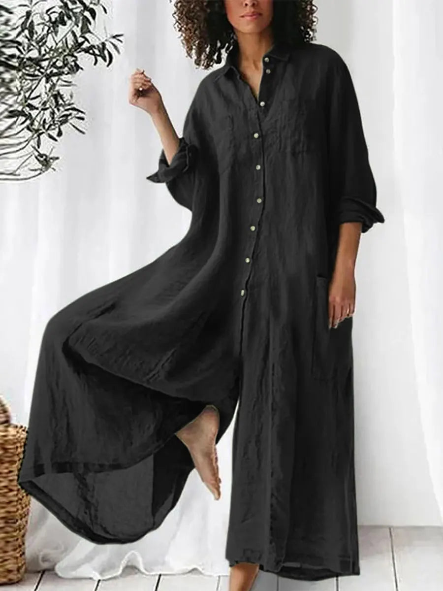 Solid Color Art Casual Long-Sleeve Cotton Linen Jumpsuit