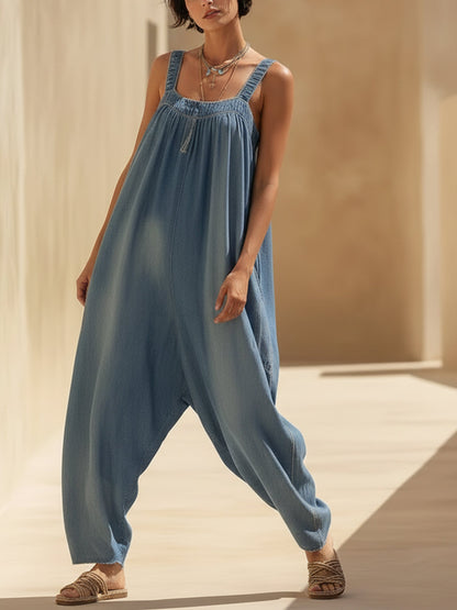Oversized Lightweight Denim Jumpsuit with Sleeveless Wide-Leg Romper with Frayed Hem