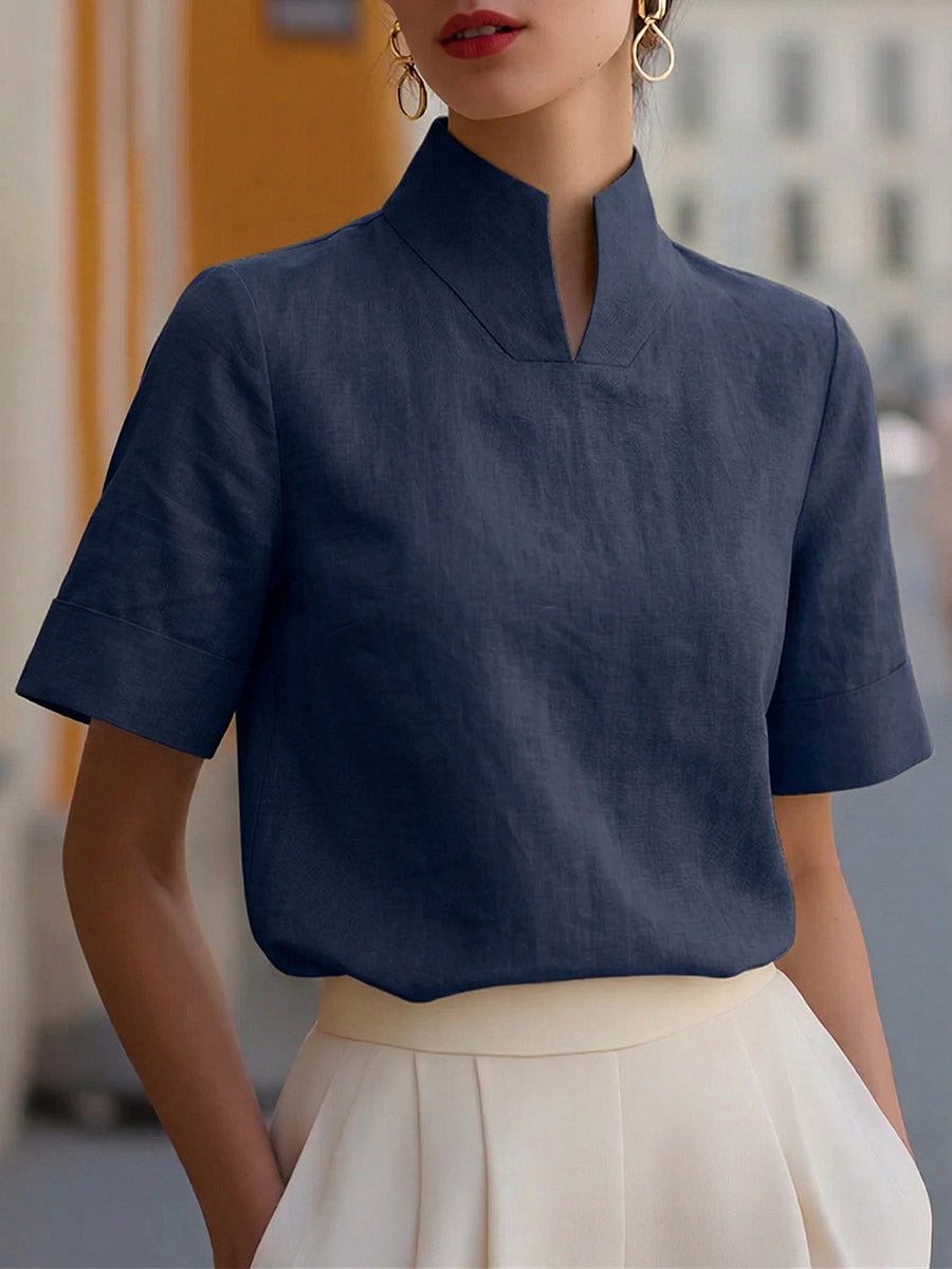 Solid-Color Stand-Collar Short-Sleeve Loose-Fit Casual Linen Top