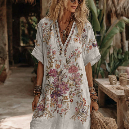 Floral Embroidery Art V-Neck Comfy Midi Dress
