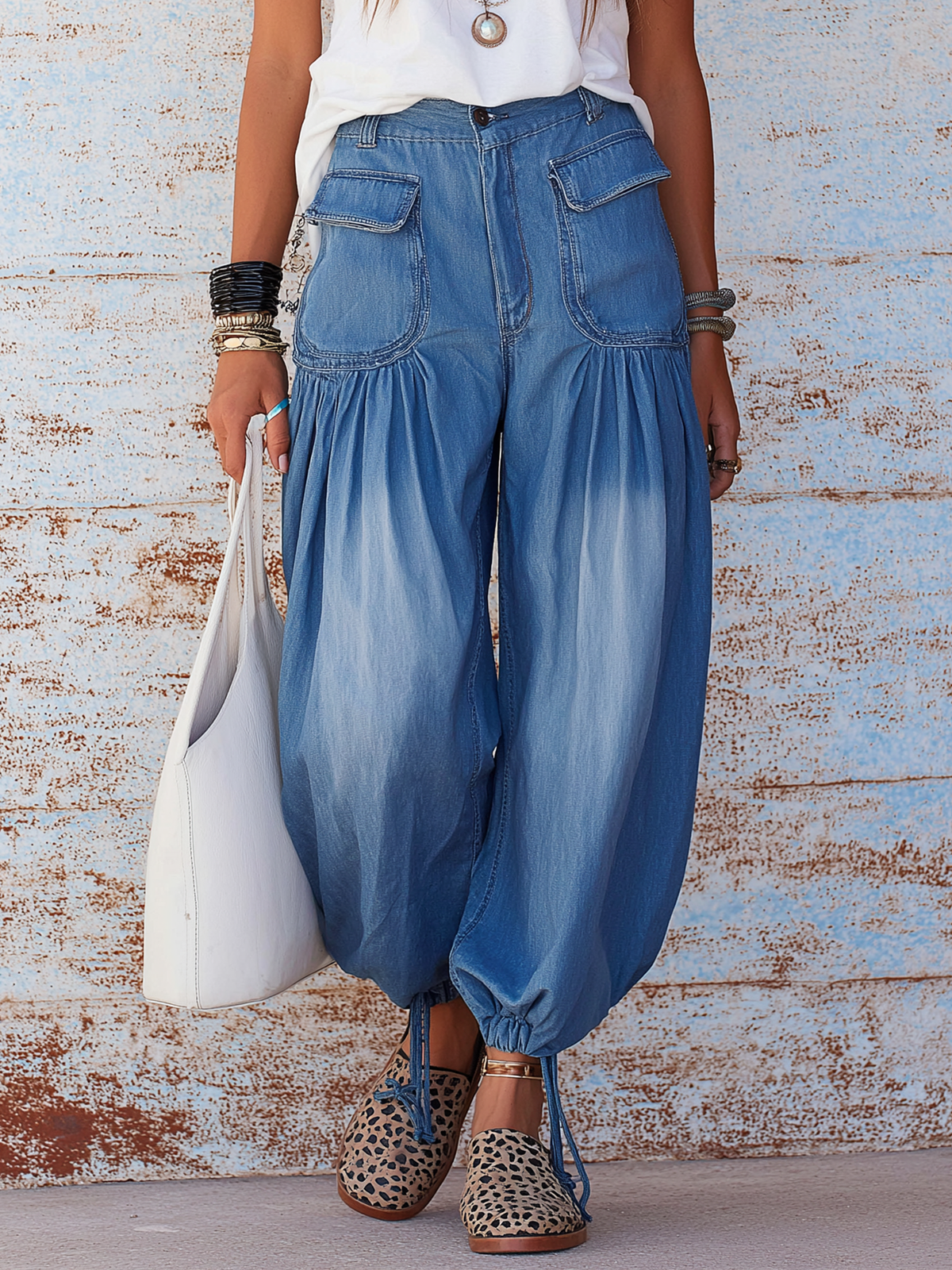 High-Waisted Gradient Denim Harem Pants with Drawstring Cuffs