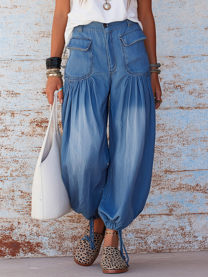 High-Waisted Gradient Denim Harem Pants with Drawstring Cuffs