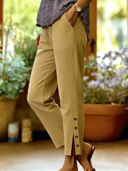 Cotton-Linen Button Slit Solid-Color Loose-Fit Casual Trousers