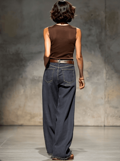 Relaxed Loose Vintage Raw Edge Dark Grey Wide-Leg Jeans