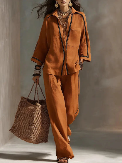 Striped Decorative Shirt and Wide-Leg Pants Set