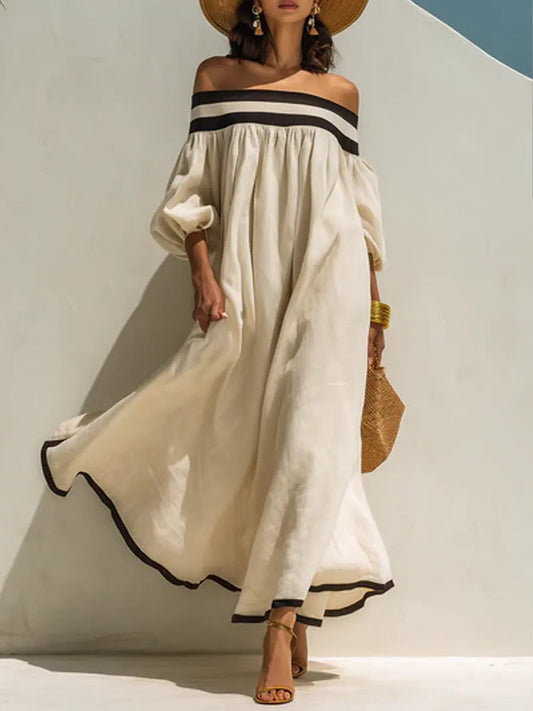Loose-Fitting Color-Blocked Off-the-Shoulder Cotton-Linen Maxi Dress