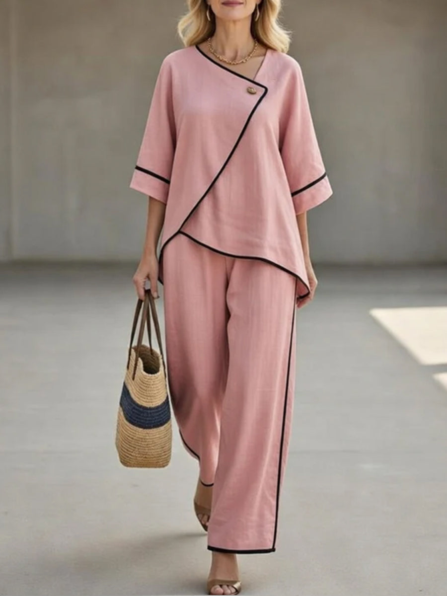 Casual Black Linen and Cotton Asymmetrical Collar Top and Pants Set