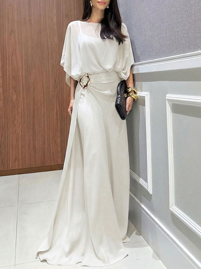 Round-Neck 3/4-Sleeve Casual Loose Chiffon Top and High-Waisted Wide-Leg Pants Set