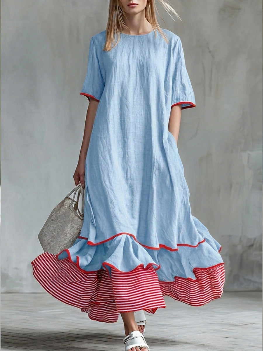 Patchwork Striped Midi Dress with Casual Red Summer Dress