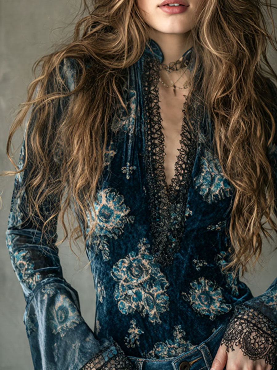 Retro Blue Floral Velvet Lace Blouse with Bell Sleeves
