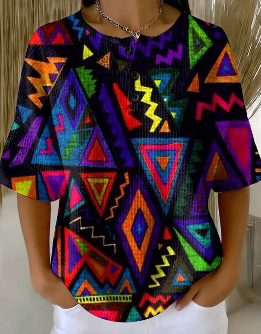 Retro Geometric Patchwork Abstraction Patterns Art Print Casual Waffle Cotton Shirt