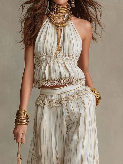 Bohemian Lace-Trimmed Halter Top and Wide-Leg Pants Set