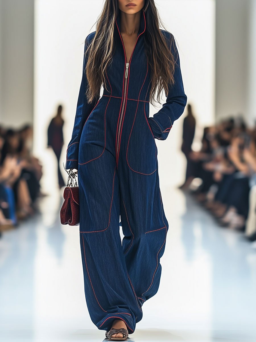Casual Loose Retro Red Topstitched Denim Wide-Leg Long-Sleeve Jumpsuit