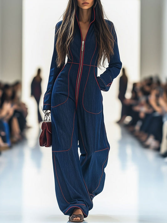 Casual Loose Retro Red Topstitched Denim Wide-Leg Long-Sleeve Jumpsuit