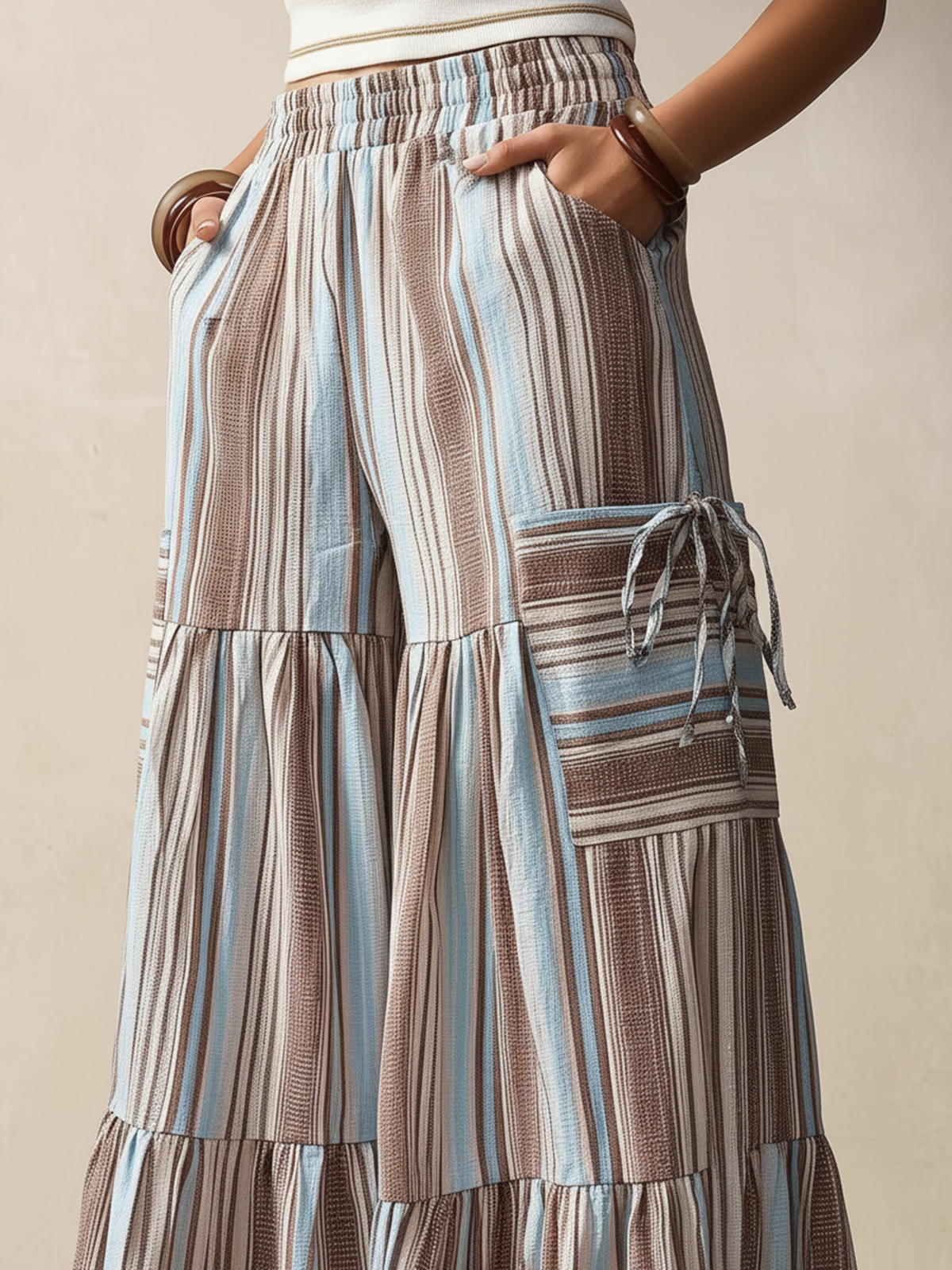 Boho Striped Tiered Wide-Leg Cargo Pants with Pockets